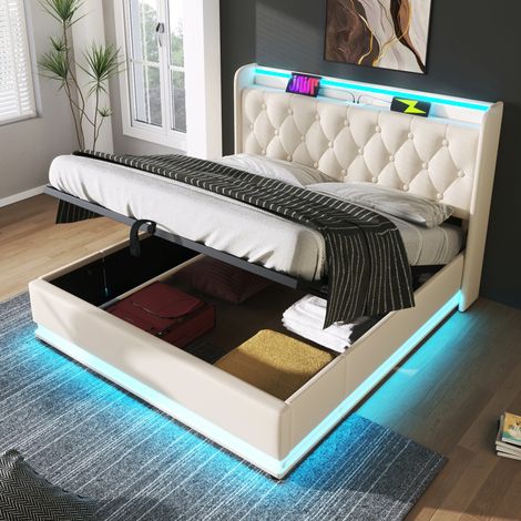 Lit capitonné 140x190 cm blanc PU avec LED 360°, tête de lit USB Type-C et coffre hydraulique (1/5)