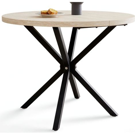 Tavolo da pranzo rotondo per 4-6 persone, con gambe in metallo 100 x 76,5 cm, piano in fibra di legno, nero e legno (1/5)