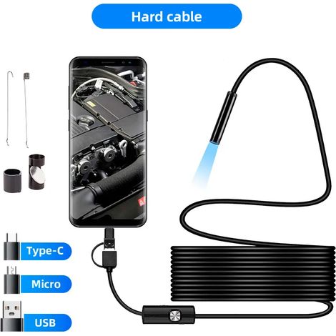 Endoscope Android 3 en 1 (câble rigide de 7 mm, 3,5 m) (interface Micro USB/Type-C), étanche avec lumière LED, pour l'inspection automobile. (1/5)