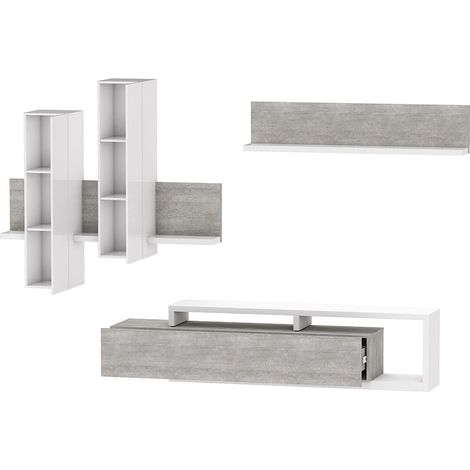 Conjunto de muebles de salón con LED colección BERGAMO. Color blanco y gris cemento.