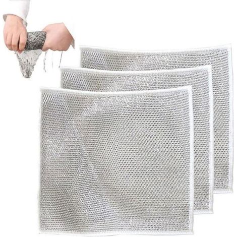 Lot de 3 chiffons de vaisselle en fil métallique anti-rayures, pour nettoyage humide et sec, accessoire indispensable pour la cuisine (1/4)