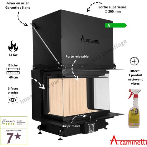 A Caminetti – Foyer bois Crystal 80 Max – Insert cheminée – Puissance 7-13 kW – Rendement 85% – Dimensions H.1300 x L.947 x P.722 mm