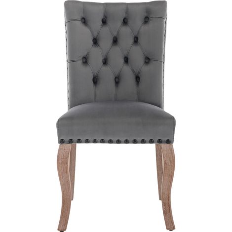 Lot de 2 chaises en velours gris, dossier avec heurtoir et clous décoratifs, pieds bois massif (1/5)