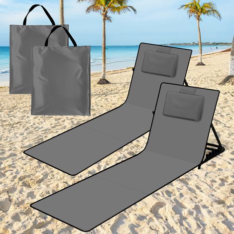 TolleTour 2x Strandmatte mit Rückenlehne Gepolstert klappbar UV-beständig Tasche Reißverschluss Kissen Tragegurt Garten Camping Picknick Liegematte 145 x 47cm, Dunkelgrau