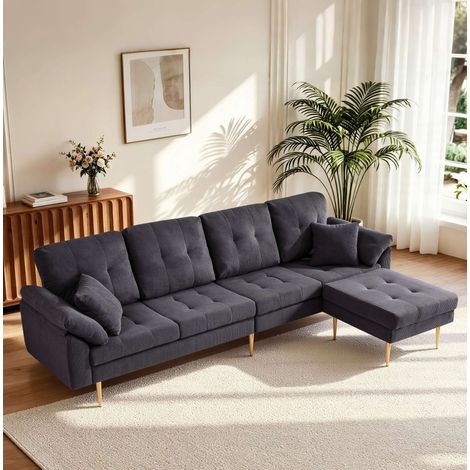 Divano 4 posti 250 cm in velluto a coste grigio scuro con pouf modulabile e piedi in ferro (1/5)