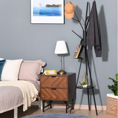 Perchero de pie 45 x 45 x 180 cm, negro, de metal con repisa de MDF HAVRYA (1/5)