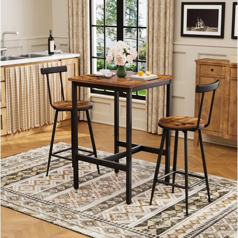 REDOM - Conjunto de mesa de bar y 2 taburetes 60x60x92 cm, con respaldos y patas regulables, acero y tableros de partículas, marrón rústico y negro (1/5)