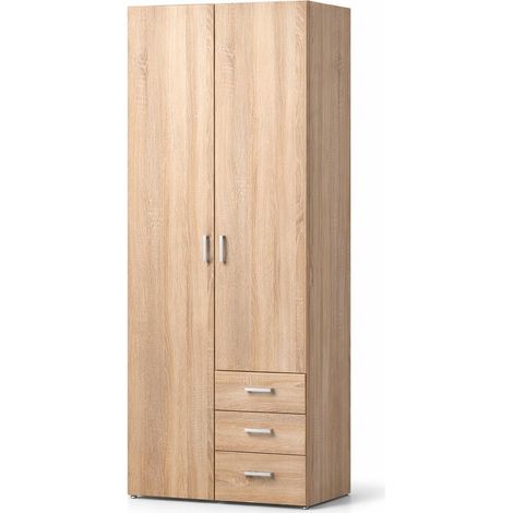 Armadio Mobile Multiuso 2 Ante Con 3 Cassetti Per Camera Da Letto Cameretta Ingresso Con Appendiabiti E Ripiani Interni Design Moderno Salvaspazio 200.4 x 77.6 x 49.5 Cm Rovere