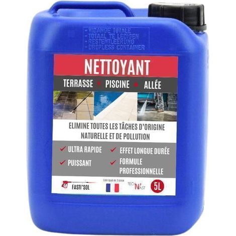 Nettoyant terrasse pierre béton carrelage, dégraisse, rénove, élimine taches vertes et noires, action rapide 40 min