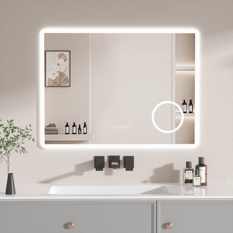 AquaWise Miroir Salle de Bain LED 80x60cm avec Miroir Grossissant Anti-buée Affichage Heure & Température 3 Couleurs Dimmable, Bouton Tactile Intelligent, Économie d'Énergie