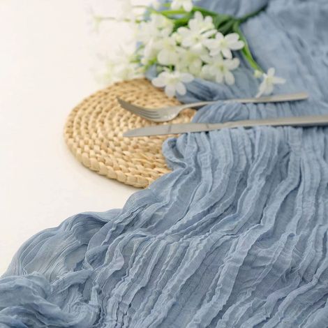 Chemin de table bohème bleu en polyester gaze pour mariage, dîner aux chandelles, fête d'anniversaire, maison (1/5)