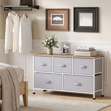 Commode à 5 tiroirs en tissu, meuble de chambre, structure en métal, 100 x 30 x 54 cm, grise