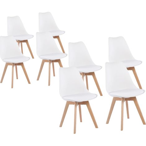 8 Chaises Tulipes Salle à Manger Scandinaves Bm Home Salle de Bureau, Pieds en Bois de Hêtre Massif, BLANCHES