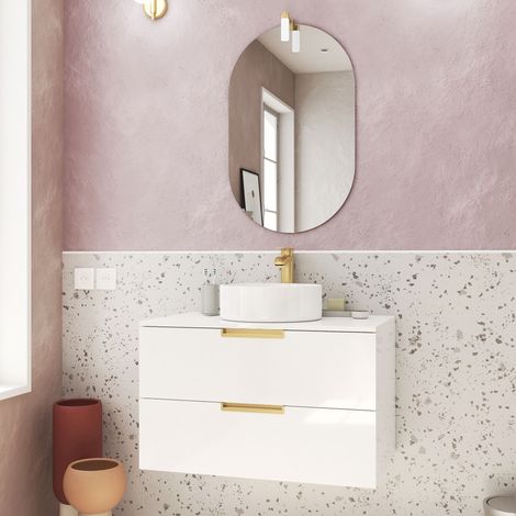 meuble salle de bains 80cm laqué blanc et or doré 2 tiroirs - vasque blanche - miroir & applique led (1/5)