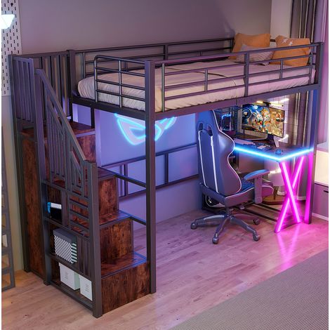 Cama alta 90x200 cm, con escritorio, armario, estanterías y escalera con almacenaje, metal y MDF, negro (1/5)