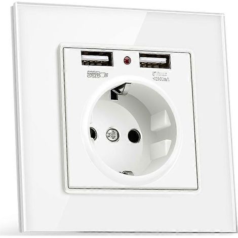 Europäische 230-V-16-A-Steckdose + 2 x 5-V-2,1-A-USB-Ladegeräte, Glasfront, weißer französischer Stecker