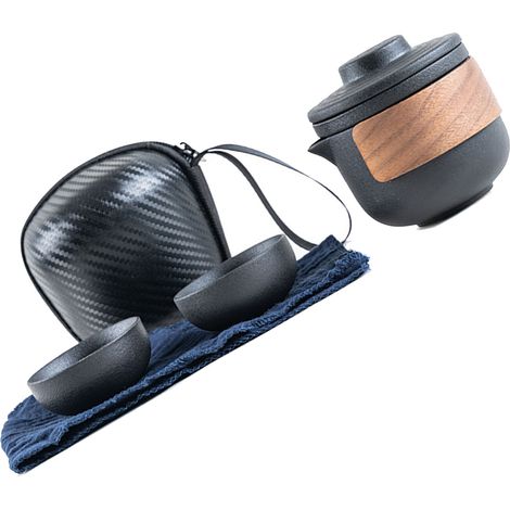 Service à thé de voyage portable anti-brûlure, mini théière en céramique avec infuseur et sac de rangement, théière noire et 2 tasses. (1/2)