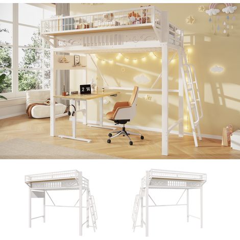 Letto a soppalco 90 x 200 cm in metallo con vani e spazio aperto, bianco HAVRYA (1/5)