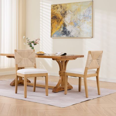 Ensemble de 2 chaises de salle à manger modernes du milieu du siècle en rotin et corde, chaise en bois avec dossier en rotin et assise rembourrée, revêtement en lin, finition beige naturel, DE1883MT (1/5)