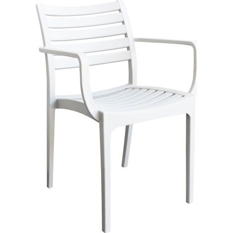 Sedia poltrona impilabile da esterno giardino in resina con seduta e schienale effetto doghe orizzontali Lyndo -  White