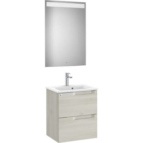 MUEBLE LAVABO 500MM ALEYDA COMPACTO 2 CAJONES + ESPEJO BLANCO MADERA