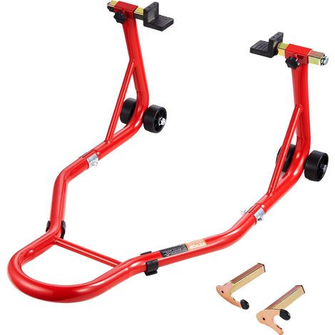 VEVOR Bequille Roue Arriere Capacite de Charge 385,6 kg, Leve Moto avec Fourche U et L, Bras Oscillant, Bequille d’Atelier Reglable pour Suzuki, Yamaha, Honda, Kawasaki, pour Entretien Montage, Rouge