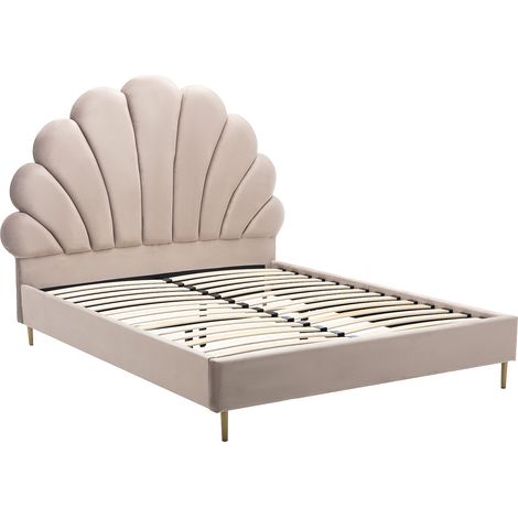 Vente-Unique – Lit coquillage 140 x 190 cm – Velours beige – Structure contreplaqué – Sommier cadre à lattes – Charge max 220 kg (1/4)