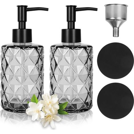 2 distributeurs savon verre noir 330 ml, rechargeables avec entonnoir inox et 2 sous-verres (1/5)