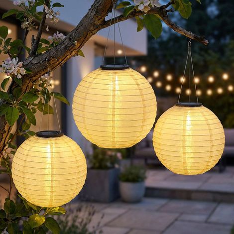 Solarlampe Lampion Außenleuchte LED Hängelampe Gartenleuchte sandfarben Außenlampe Pendelleuchte, Edelstahl Kunststoff, warmweiß, DxH 30x 55 cm, 3er Set