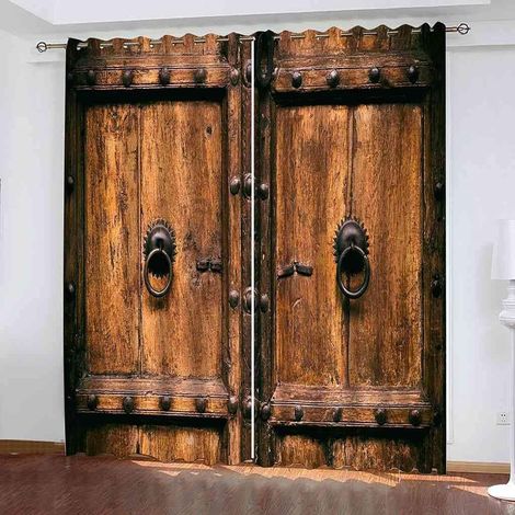 Rétro Porte en Bois Lot de 2 Rideaux Occultants, Style campagnard Porte de Villa Rideau Thermique Isolant Anti Froid, 140x240, Rideau Occultant avec Œillets Rideau Fenetre - 140L X 240H cm (2 Panneaux (1/5)