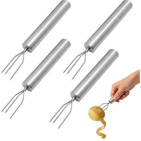 Lot de 4 fourchettes à pommes de terre en acier inoxydable avec 3 dents, fourchettes pratiques pour légumes et épis de maïs, aide à l'épluchage robuste, réutilisable pour barbecue de camping en