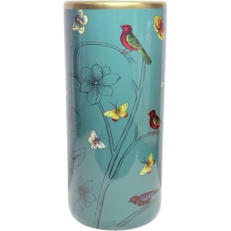 18" Umbrella Stand - Red Birds, Butterflies, and Flowers Design - Turquoise Blue - Ceramic - L20 x W20 x H46 cm