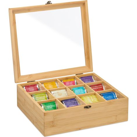 Relaxdays Tea Box, 12 Compartments, Bamboo Storage, Viewing Window, Coffee Pod Organiser, HWD: 11 x 32 x 28 cm, Natural (1/5)