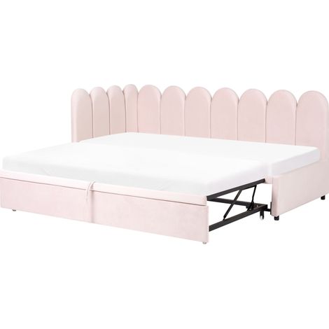 Trundle Bed Frame Pastel Pink Velvet EU Single Size 3ft 90/180 x 200 cm Slatted Frame Tufted TERROU (1/5)