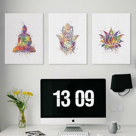 Affiche murale sur toile représentant Bouddha, lotus et mudra, style aquarelle simple et tendance, idéale pour le salon, la chambre ou le bureau (lot de 3 sans cadre) (1/4)