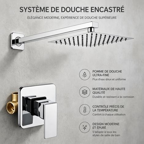 Ensemble douche encastré monofonction - tube carré et pommeau de tête carré chromé 45 × 18 × 13 cm 500 g – Livraison gratuite