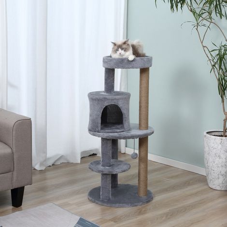 PawHut Arbre à chats multi-équipements griffoirs grattoirs plateformes niche jeu boule suspendue Ø 48 x 104H cm gris