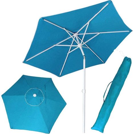 Parasol de plage de jardin avec poteau en acier pliable, revêtement en tissu anti-UV, diamètre 210 cm, avec bandoulière étui, bleu ciel, Ø 210 cm (1/5)