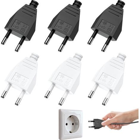 6-Piece Male Electrical Plug, Euro Flat Plug 250V 2.5A, Black and White ABS Connector for Household Appliances (1/5)