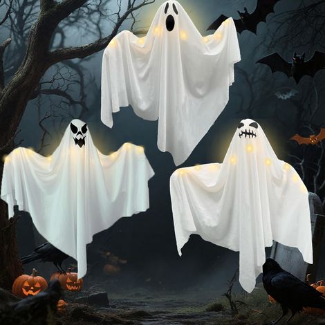 Fantome Halloween Decoration Extérieur Interieur,3 Pièces 70 Cm LED Lumiere Deco Exterieur Halloween Alimenté par Batterie,Ghost Suspension Décorations d'halloween pour Deco Exterieur Jardin Balcon (1/5)