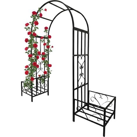 Relaxdays Metal Rose Arch, with Planters, Garden Arch, HWD 206x216x50cm, Trellis for Climbers, Black
