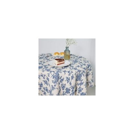 Nappe ronde en lin de coton bleu 140cm – Motif floral champêtre – Pour fêtes, pique-niques et décorations intérieures/extérieures (1/4)