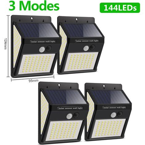 (4 lampes solaires LED de 144 LED) Applique murale solaire extérieure avec capteur, étanche, compatible avec la lumière du soleil, décoration de jardin (1/5)