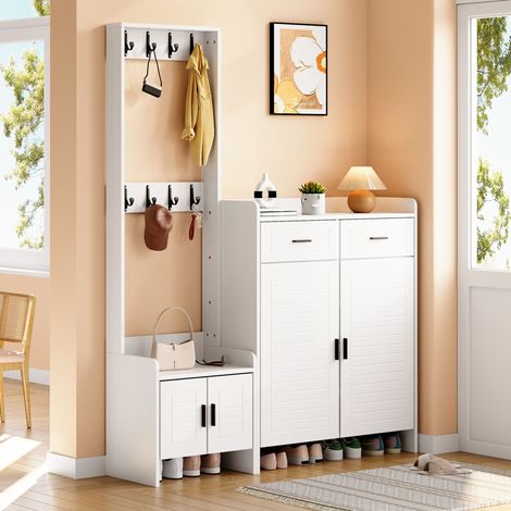 Armario recibidor 125x36x165 cm blanco en MDF con 2 cajones, 2 puertas, 8 ganchos y 6 baldas (1/5)