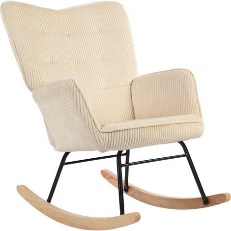 Sedia a dondolo imbottita effetto pana con braccioli e base in legno 98 x 71 x 101 cm beige HOMVRA (1/5)