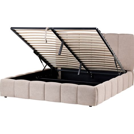 Ottoman Bed Taupe Fabric Upholstered EU King Size 5ft3 Bed Frame Vertical Tufting Lift-Up Frame High Headboard VAUVERT (1/5)