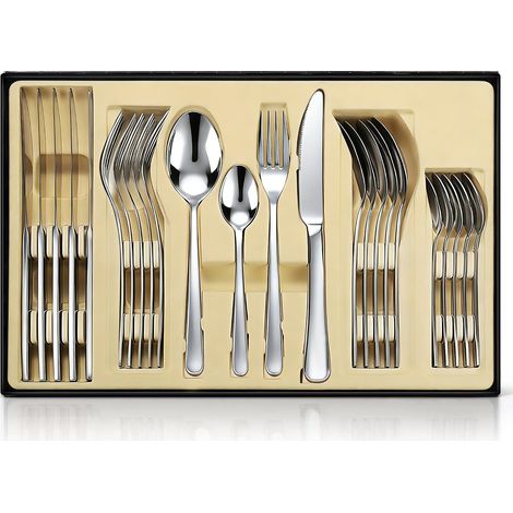 Service de couverts argenté, 24 pièces en acier inoxydable poli miroir, pour 6 personnes, pour la maison et les restaurants, avec coffret cadeau. (1/5)
