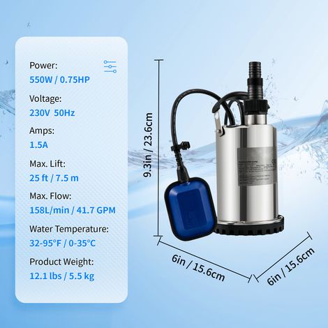 Mophorn Tauchwasserpumpe, 550 W, 9500 l/h, mit 10 m Kabel und automatischem Schwimmerschalter, tragbarer Edelstahl, für sauberes Wasser, überflutete Bereiche, Pools, Whirlpools (1/4)