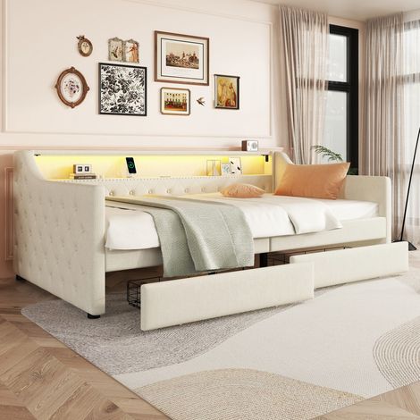 Letto bambini 90x200 cm, divano letto con 2 cassetti, illuminazione LED con telecomando, porta USB, in lino, rete a doghe, senza materasso, beige (1/5)