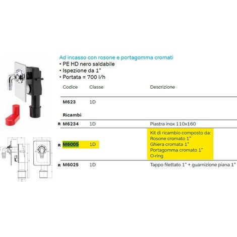 Kit di ricambio per art. M623 composto da: Rosone cromato 1" - Ghiera cromata 1" - Portagomma cromato 1" - O-ring M6005